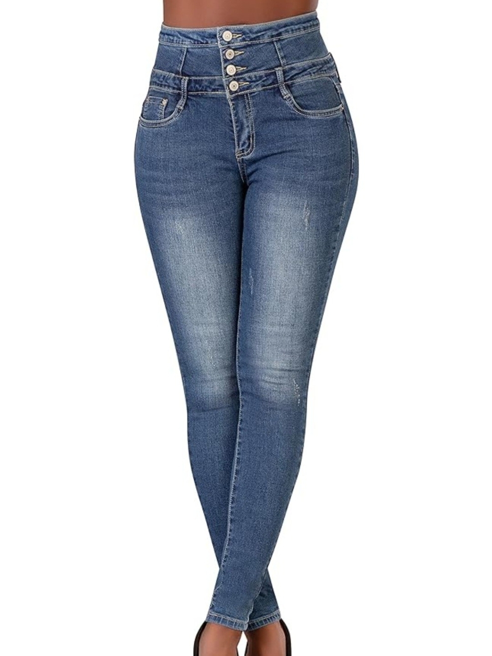 High-Rise Triple-Button Dark Blue Skinny Jeans for Women